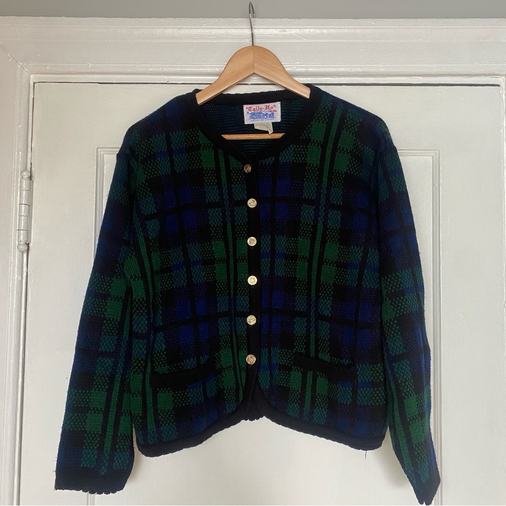 Vintage Tally-Ho plaid tartan Christmas holiday cardigan sweater green blue L